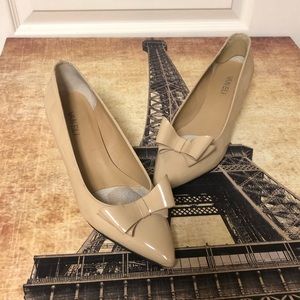 VANELi Nude Patent Leather Pointed Toe Bow Heels